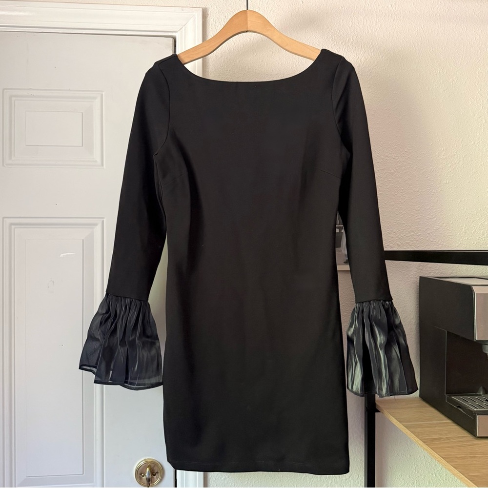 STAUD black chunky knit boat neck contrast sheer bell long sleeve mini dress